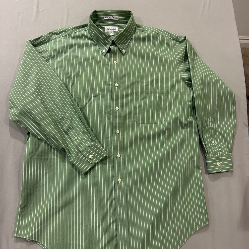 Paul Fredrick Mens Green White Striped Pinpoint Cotton Dress Shirt 17.5 33 L